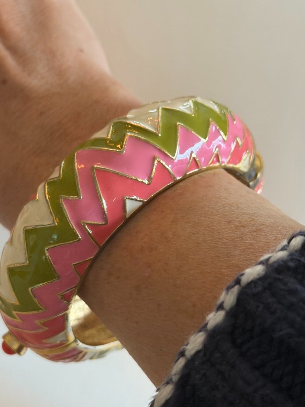 Greens and Pinks Chevron Enamel Gerard Yosca Signed Clamper Bracelet